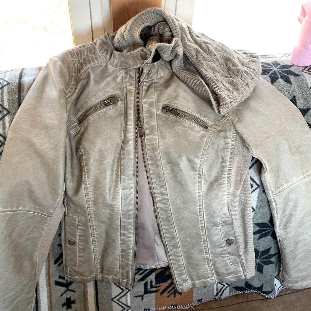 Faux Leather Jacket w/ Knitted Hood